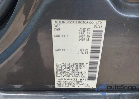 2019 Nissan Altima 2.5 Sr z USA, uszkodzony, nr VIN 1N4BL4CW0KN324973